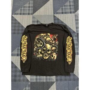 Vintage 90s Y2K Grunge Faded Distressed Motorcycle Sleeve Skull Shirt Mens XL‎